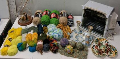 Assorted Yarn Lot, Ronco Showtime Rotisserie Oven, Porcelain Candle Holders & Ceramics