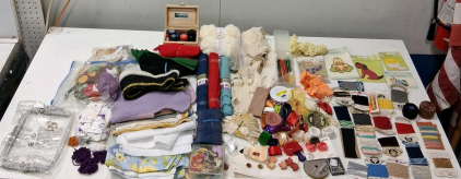Large Assorted Lot Vintage & Modern Sewing, Knitting, Craft Supplies&mdash;Fabrics, Yarn, Ribbons