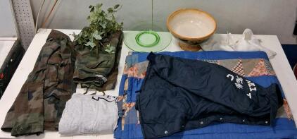 Mixed Lot &ndash; Camouflage & Varsity Jackets, Quilt, Green Glass Plates, Ceramic Bowl, Decor