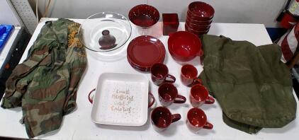 Military-Style Jackets & 21-Piece Red Dishware Set