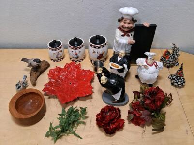 Assorted Kitchen Decor Lot &ndash; Chef Figurines, Ceramic Canisters, Bowls, Flowers, Animal Statues (15 Pc)