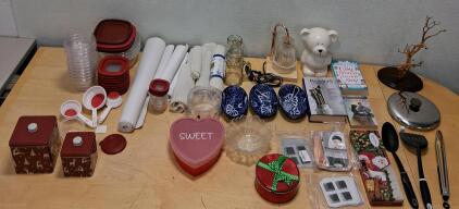 Mixed Lot Kitchenware: Containers, Utensils, Tins, Ceramic Bowls, Lamp, Books