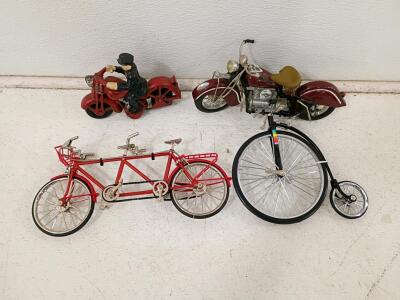 Lot of 4 Vintage-Style Model Vehicles: Indian Motorcycle, Cast Iron Police Bike, Triple-Tandem & Penny-Farthing