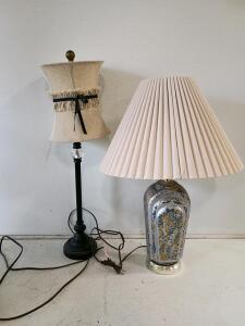 Pair of Table Lamps &ndash; Vintage Silver-Gold Glass & Black Metal Boudoir w/ Unique Shades
