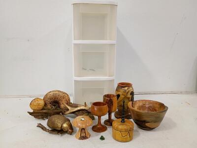 Mixed Lot: Plastic 3-Drawer Storage Organizer, Wood Turned Bowls & Goblets, Decorative Figurines and Vintage Wheat Heart Bread Tin with 30+ Assorted Craft Ribbon Spools, Mixed Colors & Sizes