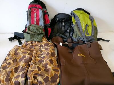 Cabela&rsquo;s Neoprene Chest Waders & Camouflage Nylon Waders, Bootfoot, Pockets, Reinforced Knees, and (3) backpacks