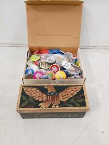 Vintage Political Pinback Button Collection with Patriotic Patches & Wooden "America" Box, ~100 Pcs