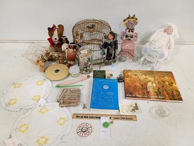 Vintage Collectibles Lot: Dolls, Books, Birdcage, Textiles, and More
