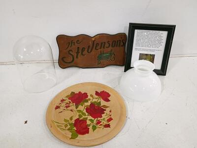 Hand-Painted 1948 Rose Plate, Carved Wood Sign, Milk Glass Shade, Glass Dome, Story Frame Lot