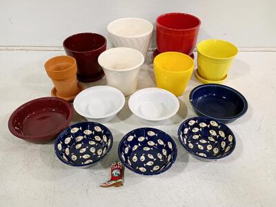 Mixed Lot of 14 Ceramic and Clay Plant Pots, Bowls, Hand-Painted Fish Motif, Saucers, Idaho Boot Ornament and Vintage Kitchen Utensil & Tool Lot &ndash; Stagecoach Bamboo Board, Antler Whistle, Bombilla, More