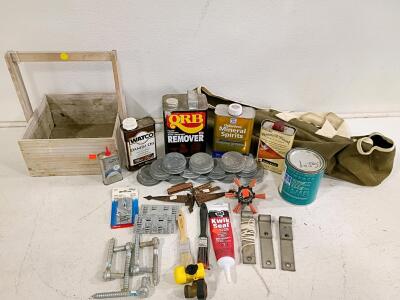 Vintage Canvas Tool Duffel with 12+ Metal End Caps, Mixed Hardware, & Workshop Chemicals Lot
