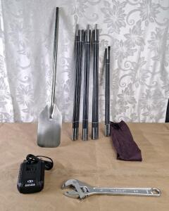 (1) 15" Crescent Wrench, (1) Sun Joy 24V Li-Ion Battery Charger, (1) 30" Stainless Steel Mixing Paddle & (1) Set Of Fiberglass Dome Tent Poles