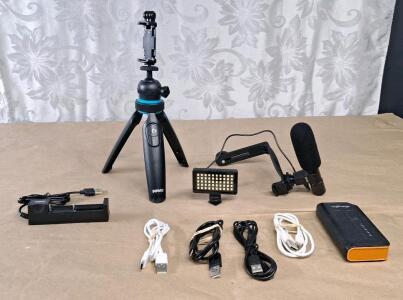 (1) Bower Mini Shotgun Microphone, LED Light & Cell Phone Tripod W/ Assorted USB Charging Cables & Power Bank
