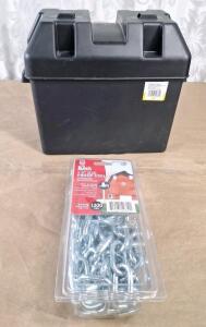 (1) Camco Battery Box & (1) Koch Industries 1/4 in. x 10 ft. Grade 30 Proof Coil Chain, Electro-Galvanized<br/>