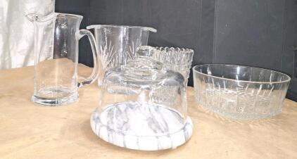 (1) Marble & Glass Cheese Dome, (2) Cut Lead Crystal Ice Buckets, (1) Clear Glass Pitcher & (1) Cut Lead Crystal Bowl