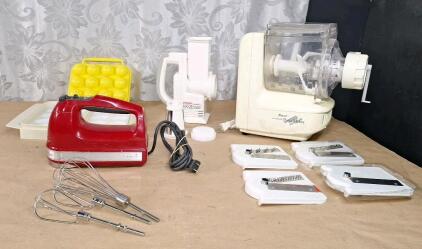 (1) Kitchen Aid 7-Speed Blender, (1) Presto Salad Shooter, (1) Popeil Automatic Pasta Maker & (2) Deviled Egg Trays