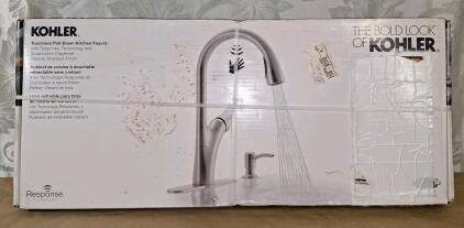 (1) Kohler Touchless Pull Down Kitchen Sink Faucet W/ Soap Dispenser, Stainless Steel Finish