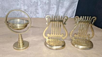 (1) Polished Brass Tabletop Gimbal Compass & (1) Pair Of Vintage Century Solid Brass Lyre Harp Bookends