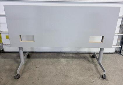 Flip-Top Training Table, 60"x24", Silver Frame, Laminate Top, Casters, Cable Cutouts