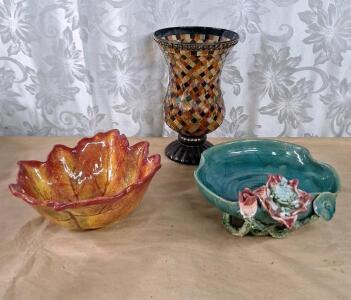 (1) Ceramic 11" Autumn Leaf Bowl, (1) Ceramic 11" Lily Pad Bowl & (1) 12" PartyLite Global Fusion Hurricane Mosaic Glass Candle Holder