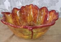 (1) Ceramic 11" Autumn Leaf Bowl, (1) Ceramic 11" Lily Pad Bowl & (1) 12" PartyLite Global Fusion Hurricane Mosaic Glass Candle Holder - 2