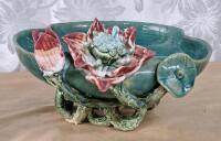 (1) Ceramic 11" Autumn Leaf Bowl, (1) Ceramic 11" Lily Pad Bowl & (1) 12" PartyLite Global Fusion Hurricane Mosaic Glass Candle Holder - 4
