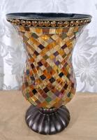 (1) Ceramic 11" Autumn Leaf Bowl, (1) Ceramic 11" Lily Pad Bowl & (1) 12" PartyLite Global Fusion Hurricane Mosaic Glass Candle Holder - 6