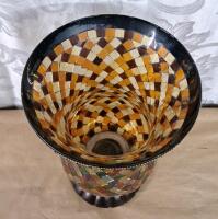 (1) Ceramic 11" Autumn Leaf Bowl, (1) Ceramic 11" Lily Pad Bowl & (1) 12" PartyLite Global Fusion Hurricane Mosaic Glass Candle Holder - 7