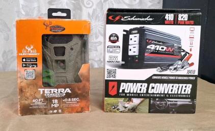 (1) Wildgame Innovations Terra Extreme Lightsout 18MP Infrared Trail Camera, Model WGI-TERAXLO & (1) Schumacher 410W / 820W Peak Power Converter Model XI41B