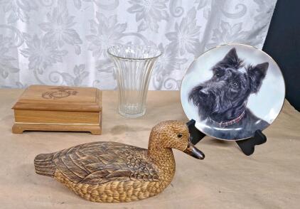 (1) 10" Handcrafted Wooden Duck, (1) Wooden Marines Music Box, (1) 7" Clear Glass Vase & (1) 8" Scottish Terrier Collectors Plate