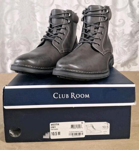 (1) Pair Of Club Room Men's Westin Lace-Up Ankle Boots In Gray, Size 10.5 M,