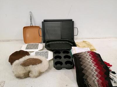 Mixed Kitchenware Lot: Frying Pan, Grill, Muffin Pan, Granite Plates, Scarves, Hats