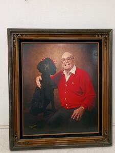 Framed 26.5"x30.5" Portrait Man with Black Poodle, Ornate Wood Frame