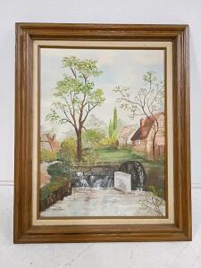 Framed Original Oil Painting by Carol Stevenson, 25x31 in Landscape Watermill Scene, Signed
