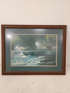 Framed River and Forest Animal Art Print, Signed, Double Mat, Ornate Wood Frame, 29"x23"