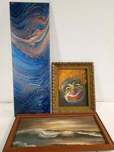 Three Original Paintings: Seascape by Susanne Cacciani, Abstract by NIGL, Clown Portrait by Suzan