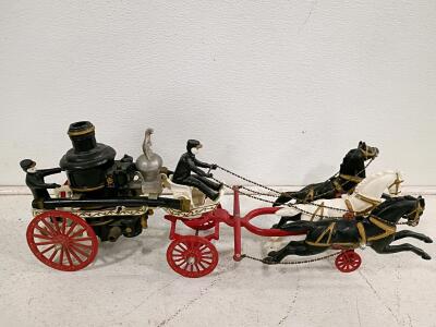 Cast Iron 3-Horse Drawn Steam Fire Engine Toy, Gold Eagle Finial,