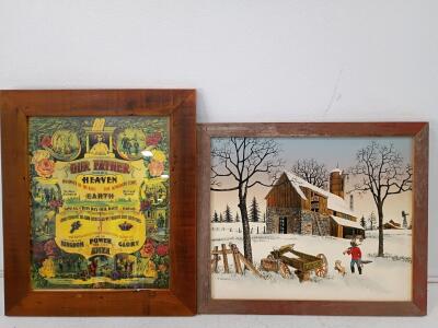 Framed Lord&rsquo;s Prayer Religious Print & H. Hargrove Signed Farm Winter Scene Art Pair 22"x26"