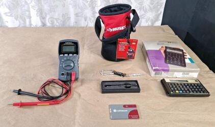 (1) RadioShack T-RMS Digital Multimeter, (1) Husky 5" Utility Sack (2) Fire Starter Tools, (1) Victorinox Swiss Army Knife Card & (2) Vintage HP Scientific Calculators