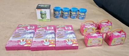 (4) MATTEL Barbie Sweet Orchard Farm Series 1 Crate Carrier W/ 2-Surprise Animals, (3) Shopkins Postcard Pals Card Games, (4) The Grossery Gang Series 3 Putrid Power Surprise Trash Cans & (1) TMNT Leonardo Mini Tiki Mug