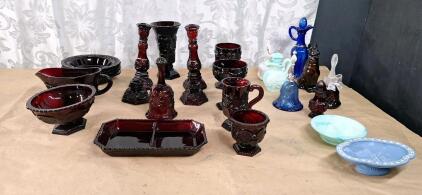 (17) Assorted Pieces Of Avon "Cape Cod" Collection Cranberry Glass & (7) Decorative Avon Perfume Bottles