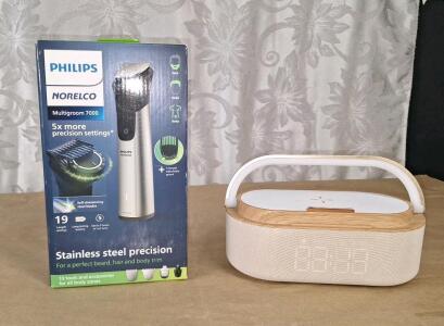 (1) Philips Norelco Multigroom 7000 - 19-piece All-In-One Cordless Stainless Steel Trimmer & (1) Bluetooth Speaker W/ Clock, Alarm, FM Radio & Light