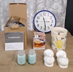 (1) Kozeewarm 14-Egg Cooker, (1) Ravioli / Dumplings Press, (1) Ceramic Tool Crock, (2) Ceramic Salt & Pepper Shaker Sets & (1) Wall Clock