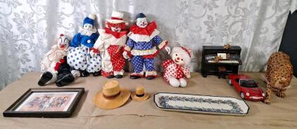 (4) 16" Porcelain Clown Dolls & Assorted Home Decor