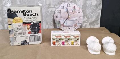 (1) Hamilton Beach Breakfast Sandwich Maker, (1) 3-Pack Of Egg Openers, (1) Ceramic Turkey Salt & Pepper Shaker Set & (1) Wall Clock