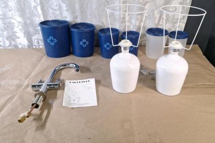(1) Bathroom Faucet, (2) Table Lamps & (6) Tupperware Storage Containers