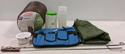 Coleman Montauk 20&deg;F Sleeping Bag, Uline Tool Roll, and Camping Accessories Lot