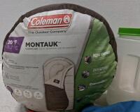 Coleman Montauk 20&deg;F Sleeping Bag, Uline Tool Roll, and Camping Accessories Lot - 3