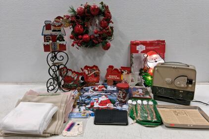 Vintage Webcor Reel-to-Reel Tape Recorder with Assorted Holiday Decor and Collectibles (Turns On)