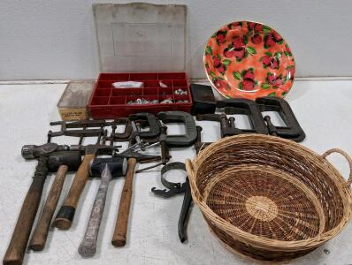 Mixed Lot of Hand Tools & Household Items &ndash; Includes Hammers, C-Clamps, Organizers, Basket, Plate